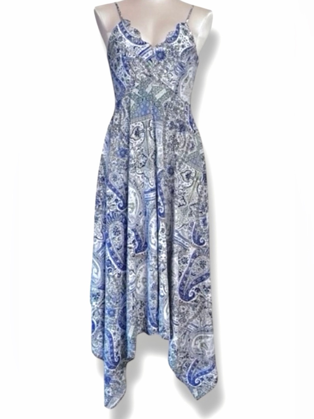 Boho Paisley Bustier Dress Blue White Handkerchief Hem Alya Size S